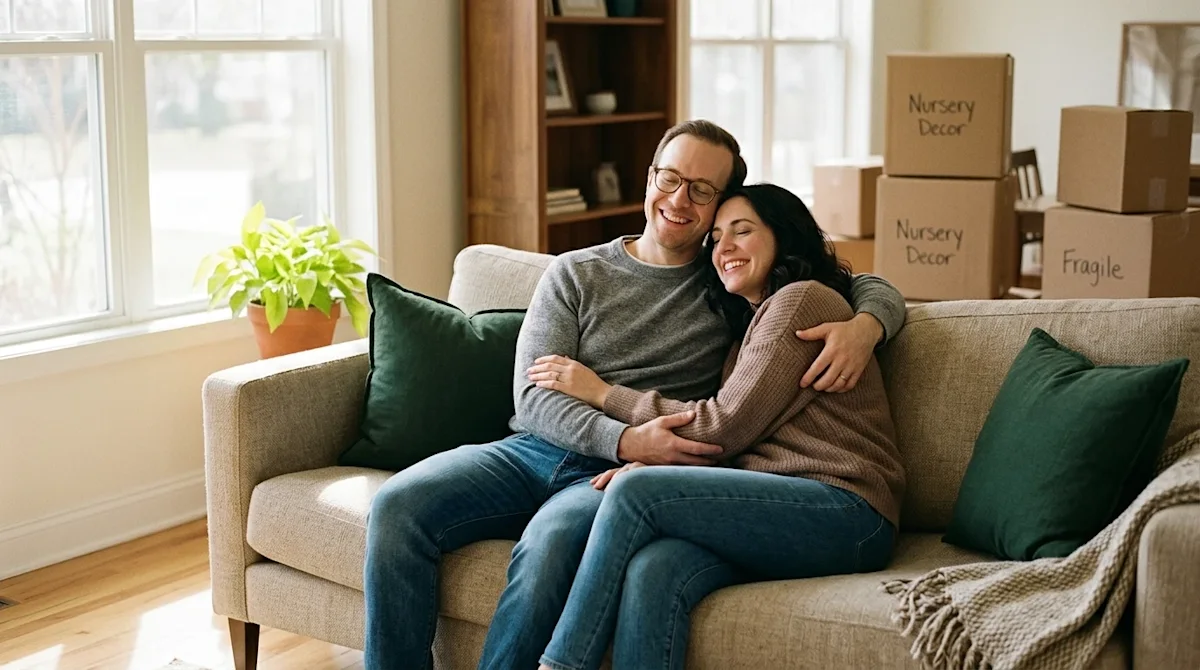 High-quality, candid lifestyle photography of a happy, relieved couple relaxing on a cozy beige sofa in the bright living roo