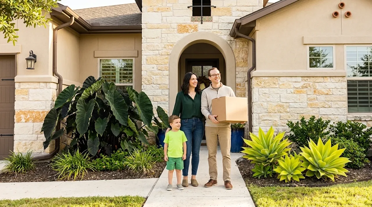 A clear, professional marketing photograph of a happy family arriving at their new home in South San Antonio. A smiling coupl