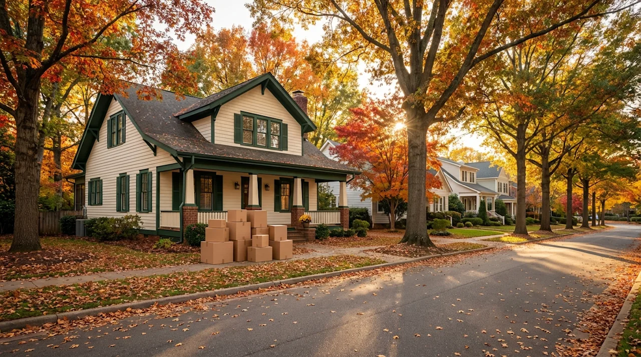 Scenic Charlotte NC residential street in October with moving boxes on a charming home porch during golden hour.