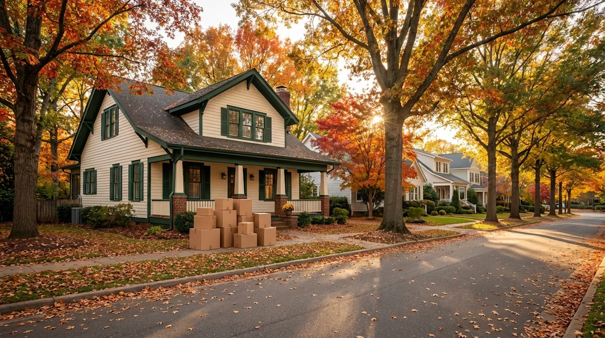 Scenic Charlotte NC residential street in October with moving boxes on a charming home porch during golden hour.