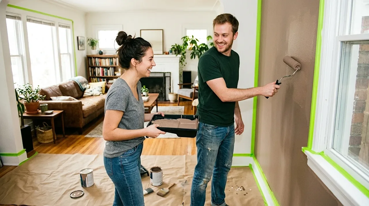 Candid lifestyle photography of a young couple working on a quick weekend home project in a bright living room, casually pain