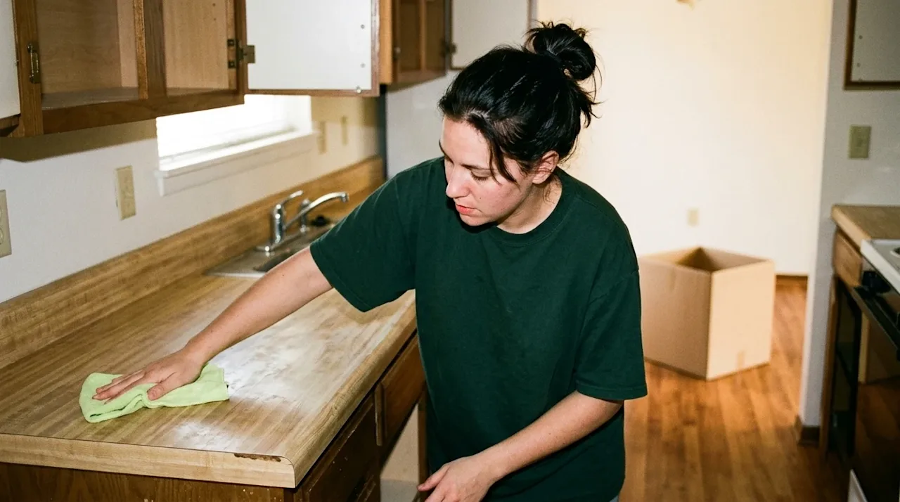 Authentic 35mm flash photography, vintage documentary style. A candid shot of a person deep-cleaning an empty kitchen counter