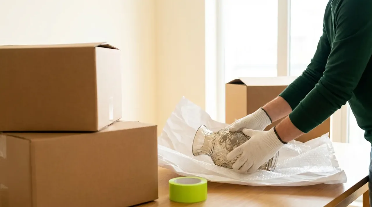 Professional mover carefully wrapping a glass vase in bubble wrap and packing paper near cardboard moving boxes.