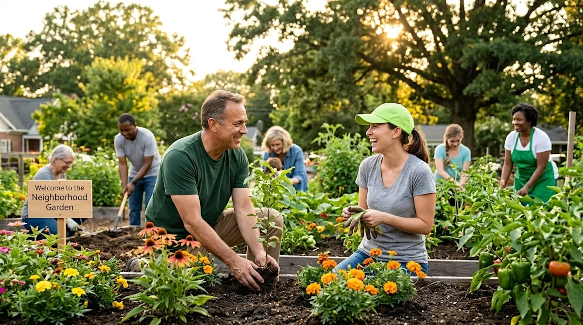 Professional marketing photography of a diverse group of friendly neighbors volunteering together at a vibrant community gard