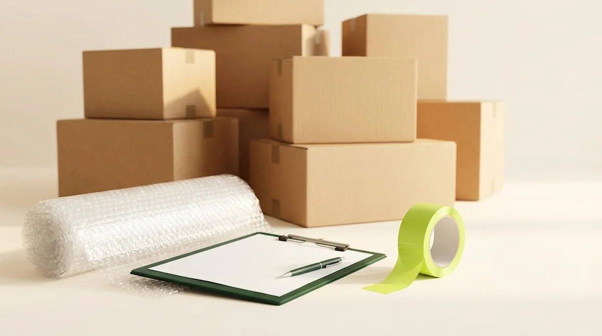 Stacked moving boxes with a clipboard and bubble wrap symbolizing secure moving insurance and property protection.