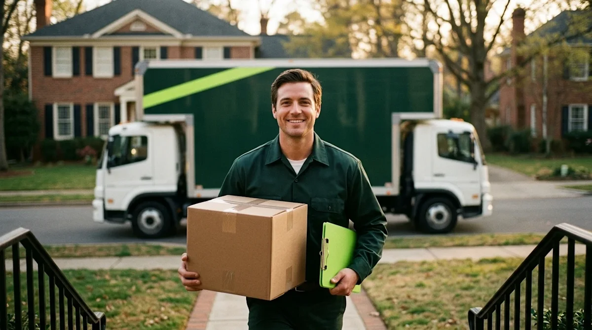 Candid 35mm film photography of a friendly, smiling professional mover walking up the front walkway of a classic brick home i