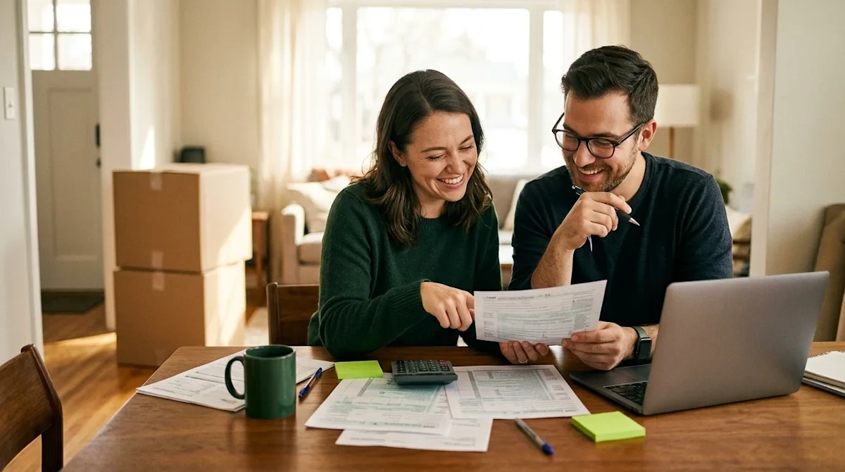 Warm, candid lifestyle photography of a smiling couple sitting at a wooden dining table in a bright, inviting home, carefully