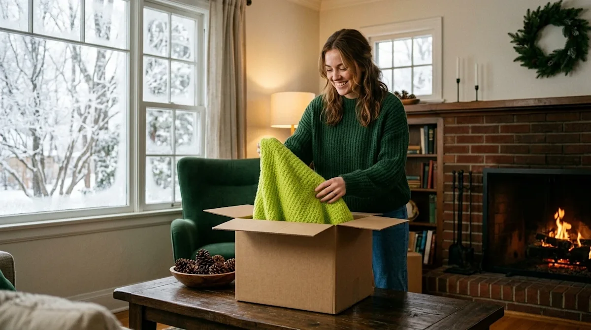 Candid 35mm film lifestyle photography of a cozy, warm living room being refreshed and decorated for winter. A smiling woman
