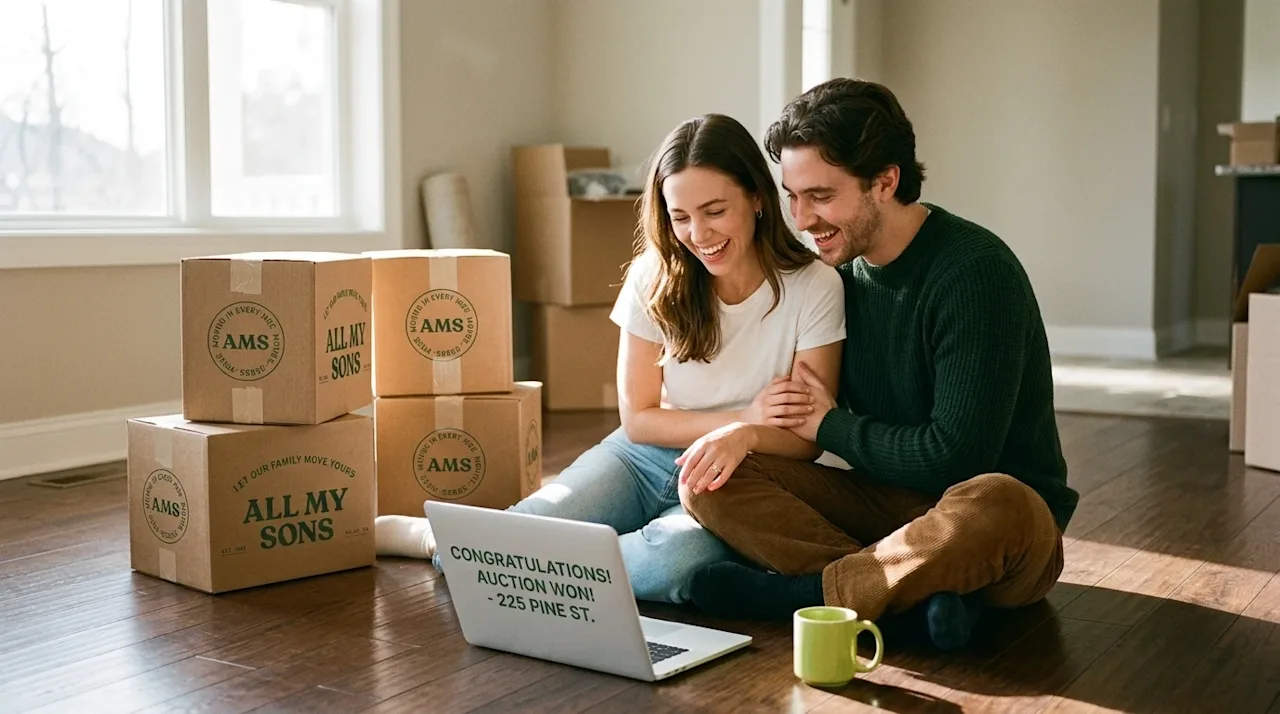 Candid editorial photography, warm nostalgic 35mm film aesthetic. A happy couple sitting on the hardwood floor of a bright, s