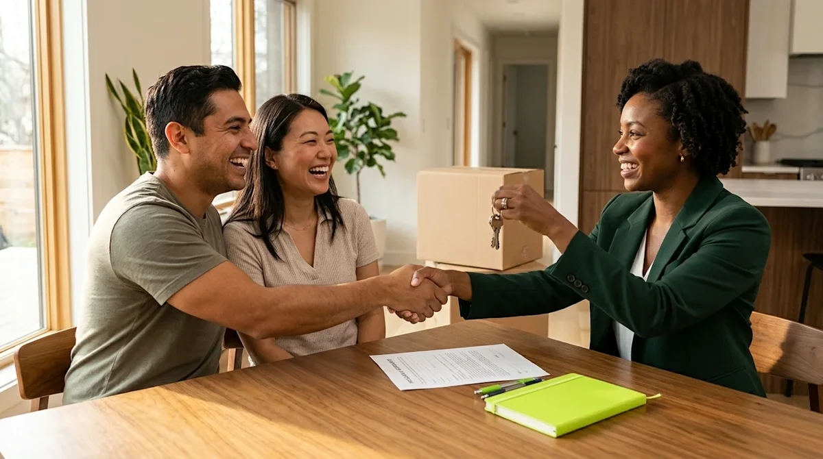 Professional marketing photography of a joyful diverse couple sitting at a modern sunlit dining table, enthusiastically shaki