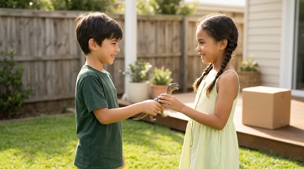 Professional marketing photography of two happy children, around 8 years old, playing together and sharing a smile in a brigh