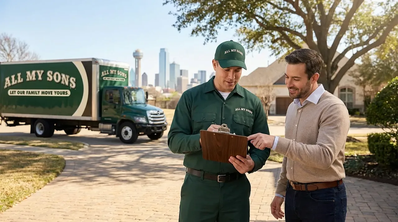 Professional All My Sons mover reviewing moving inventory with a client in a Dallas driveway with skyline background.