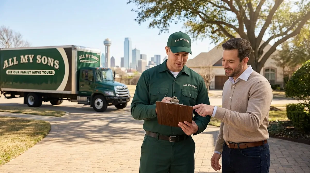Professional All My Sons mover reviewing moving inventory with a client in a Dallas driveway with skyline background.