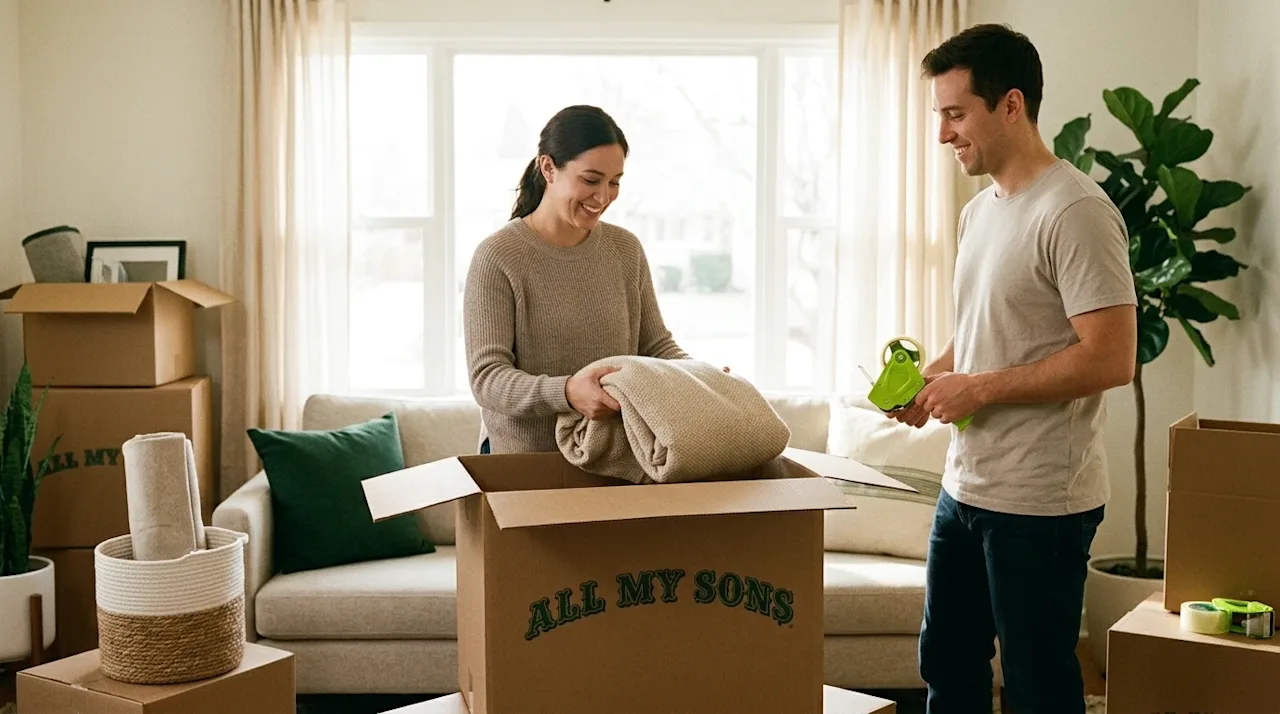A high-quality, candid, documentary-style photograph of a relaxed, smiling couple effortlessly packing for a move in a bright