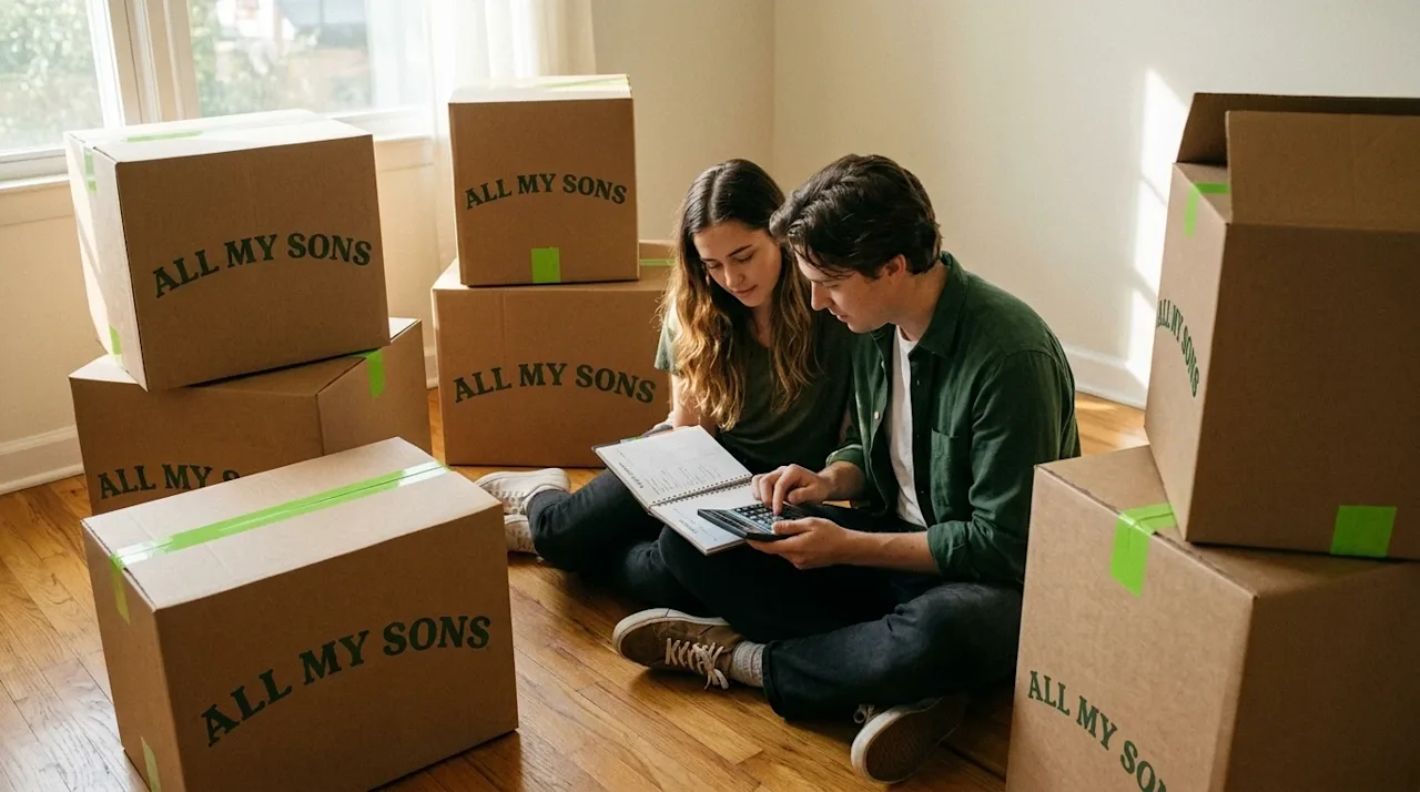 Documentary-style lifestyle photography of a young couple sitting on the hardwood floor of a partially packed living room, ca