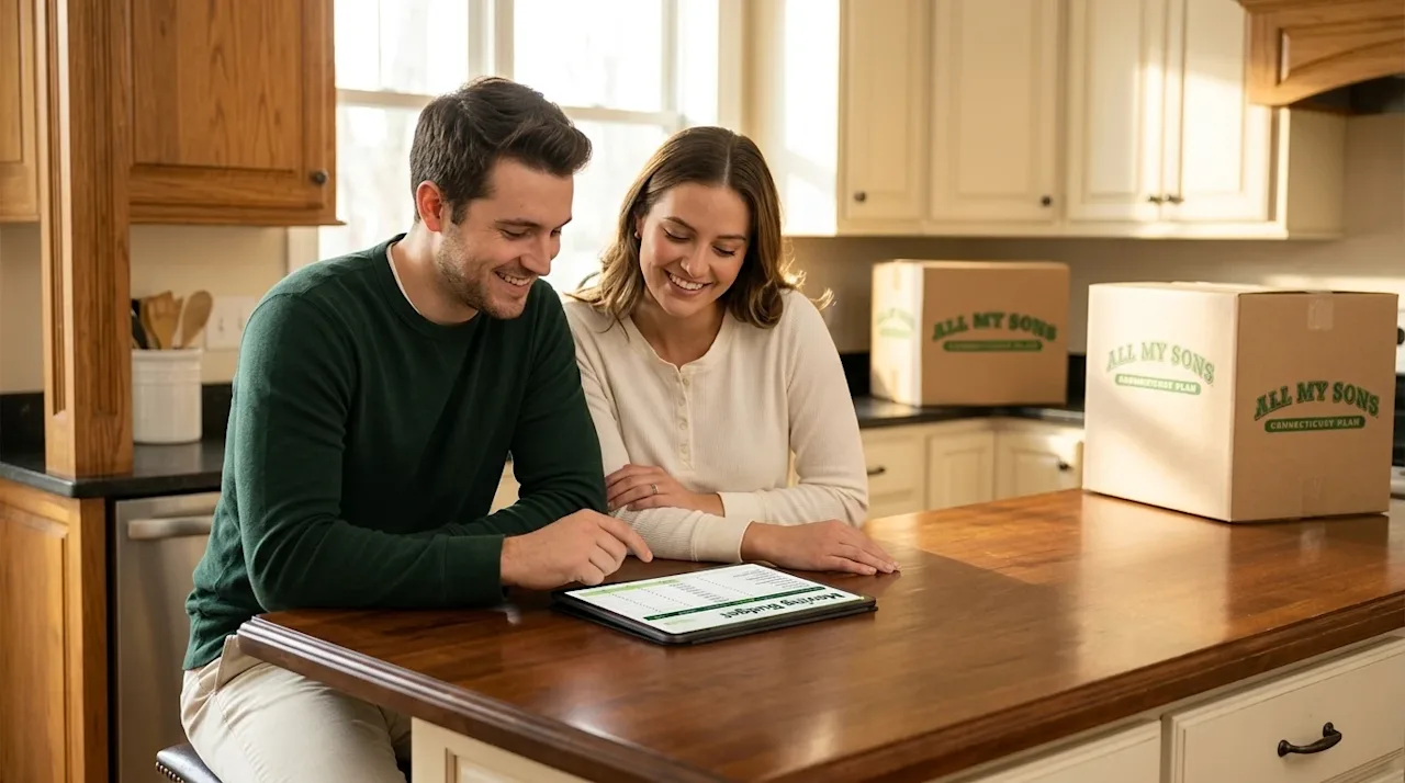 Professional lifestyle marketing photography of a smiling, relaxed young couple sitting at a wooden kitchen island in a cozy,