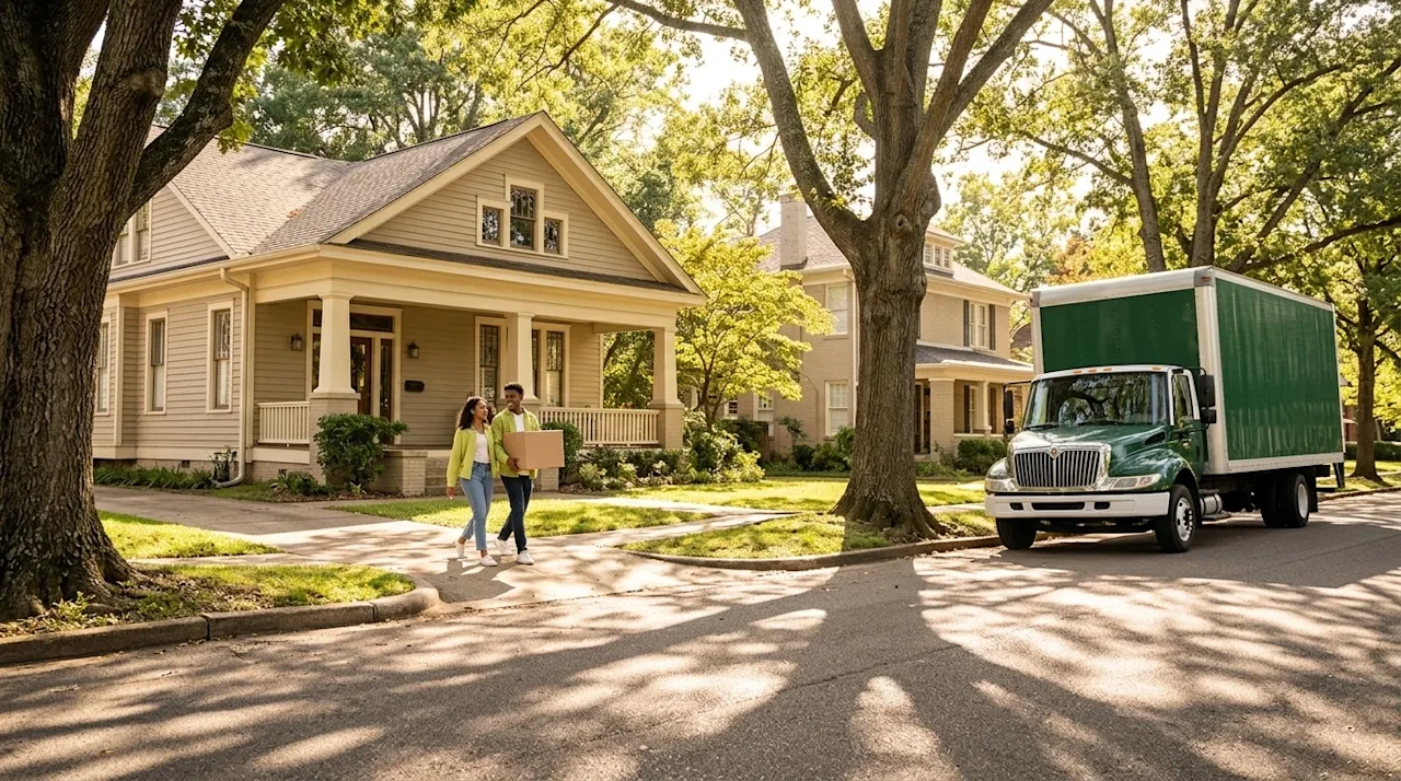 Clear, professional marketing photography of a charming, sunlit residential neighborhood street in Memphis, Tennessee. The sc