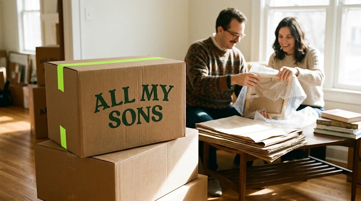 Candid lifestyle photography, 35mm film style, showing a couple preparing for a move in a warm, sunlit midwestern living room