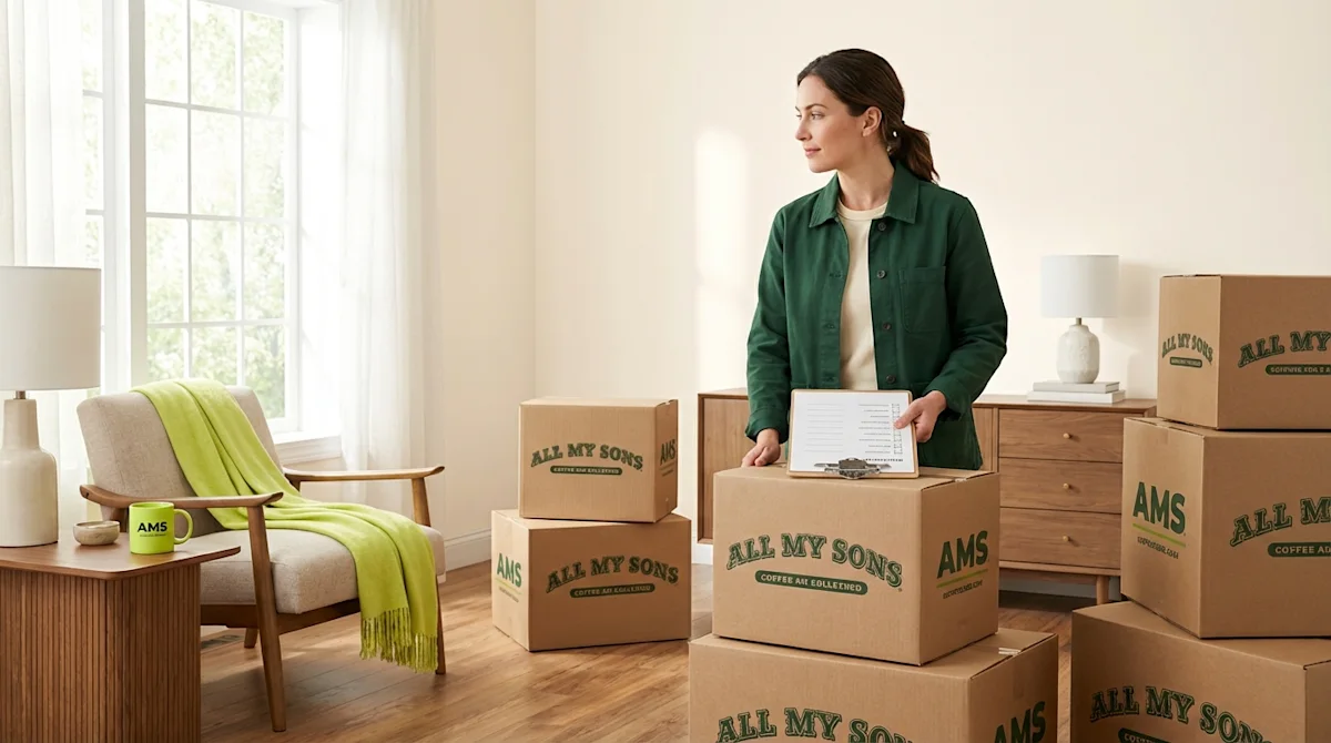 Woman organizing All My Sons moving boxes with a checklist in a bright living room with green accents.