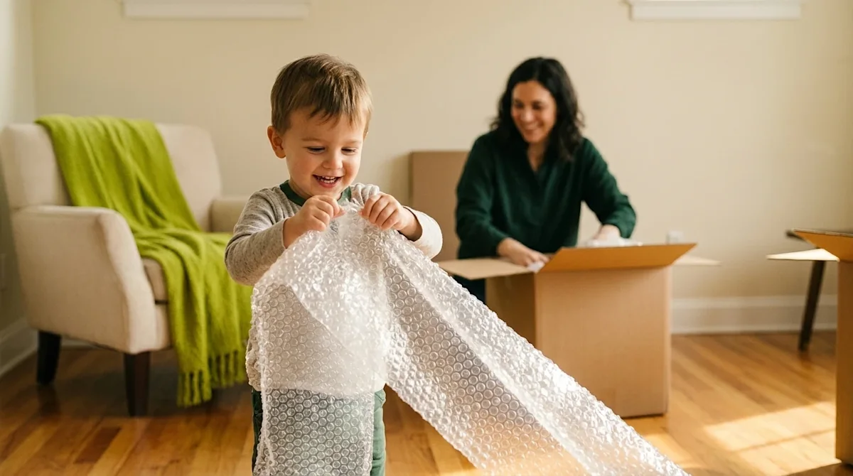 Clear and professional marketing photography. A warmly lit, inviting living room with hardwood floors and cream-colored walls