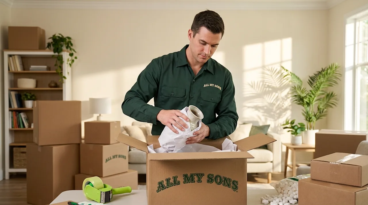 All My Sons moving specialist in green uniform packing boxes in a bright home, professional moving services.