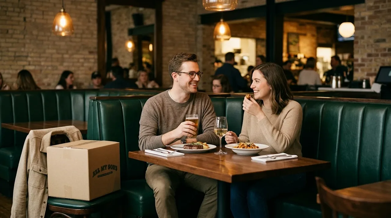 Clear, professional lifestyle marketing photography of a smiling young couple enjoying dinner at a vibrant, cozy restaurant.