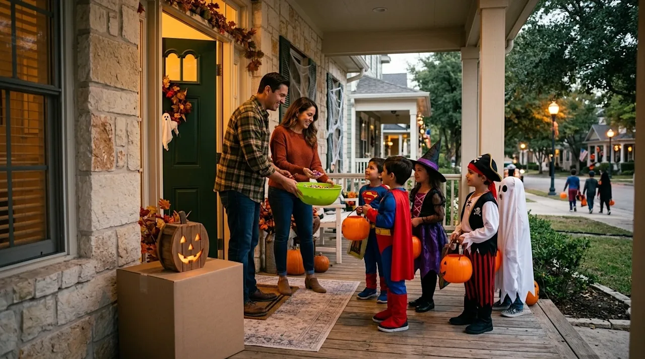 Professional marketing photography of a festive Halloween trick-or-treating scene in a charming South San Antonio neighborhoo