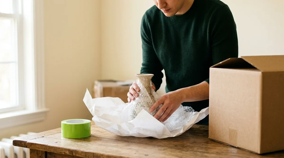 A candid, high-quality photograph of a person carefully wrapping a delicate ceramic vase in protective packing paper and bubb