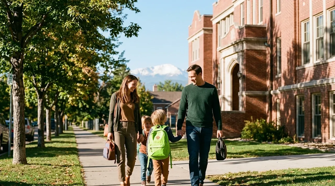 Candid lifestyle photography of a happy family walking their children to a beautiful, classic red-brick school building in De