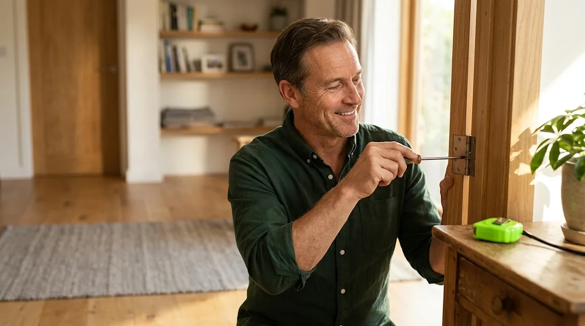 Professional marketing photography of a smiling homeowner performing simple home maintenance in a warmly lit, modern living s