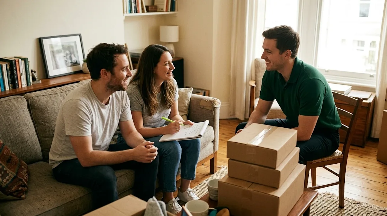 A high-quality, candid photograph of a couple sitting in a warmly lit living room, having a friendly and engaged conversation