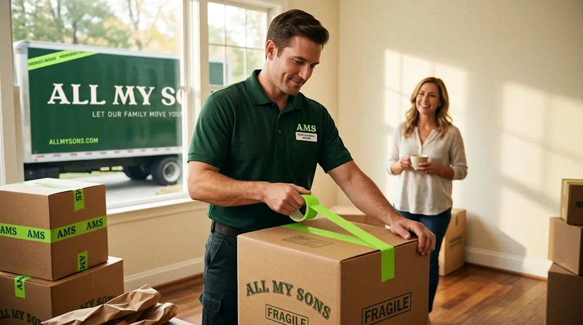 Candid, authentic 35mm film lifestyle photography of a highly professional moving experience, illustrating the gold standard