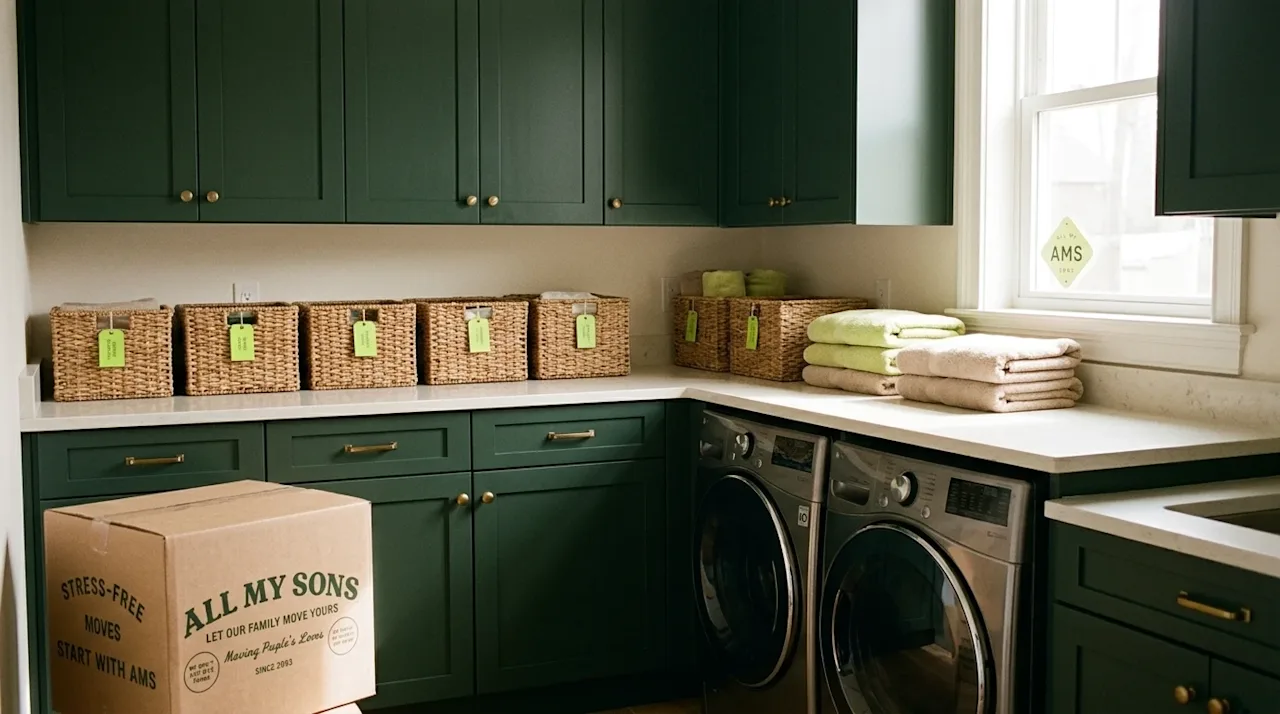 Candid lifestyle photography of a perfectly organized, bright laundry room interior. The room features dark forest green cabi
