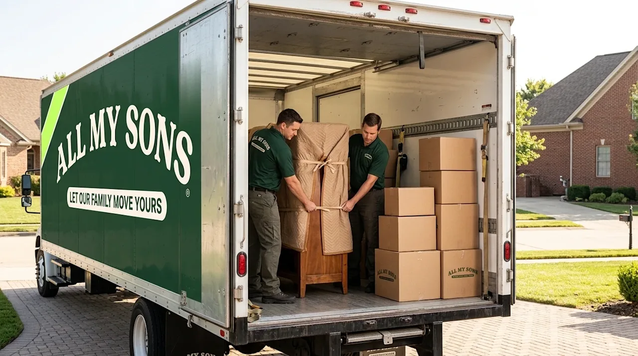 Two professional movers in green shirts carefully loading furniture into an All My Sons branded moving truck.