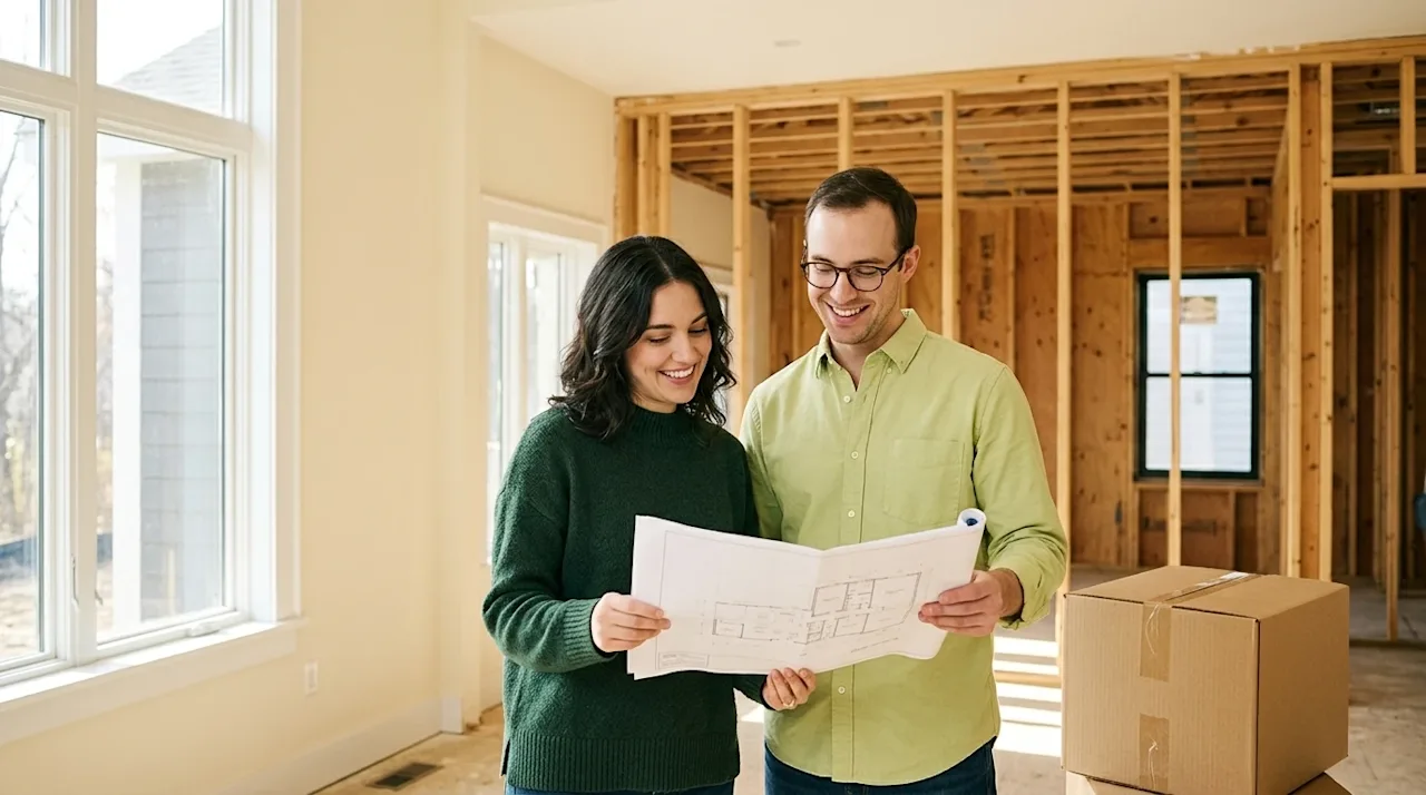 Professional marketing photography of a happy young couple standing inside a bright, newly built home under construction. The