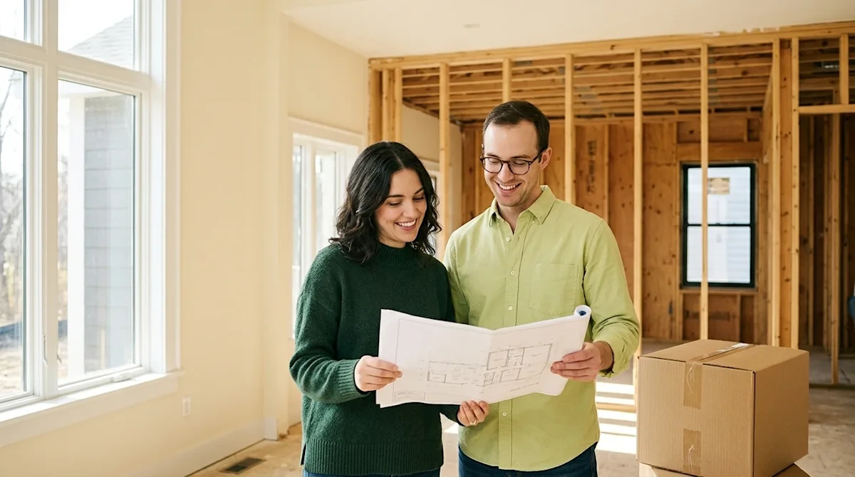 Professional marketing photography of a happy young couple standing inside a bright, newly built home under construction. The