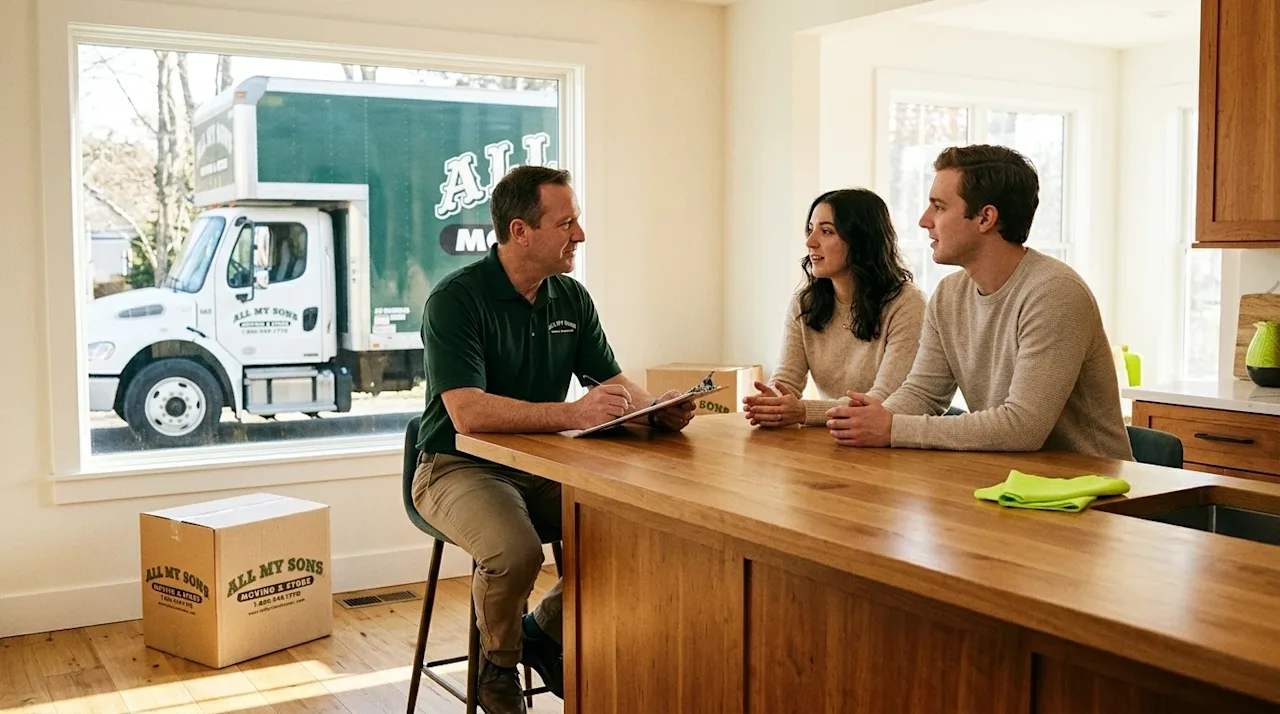 Clear and professional marketing photography of a friendly moving consultant in a dark forest green polo shirt sitting with a