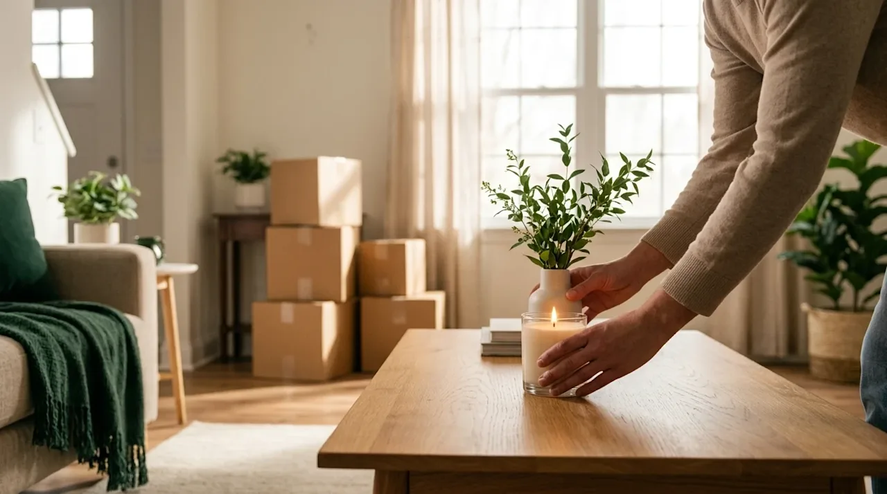 Professional lifestyle photography of a bright, warmly lit home interior perfectly staged for an open house sale. In the fore