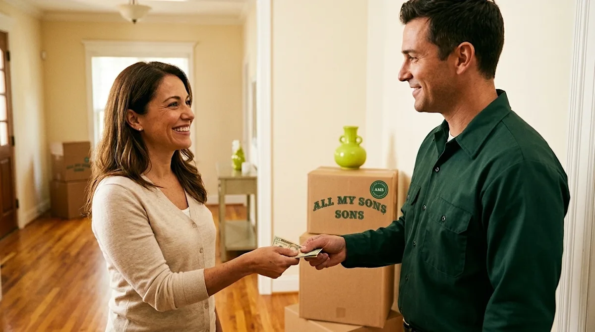 Candid lifestyle photography of a happy homeowner smiling warmly and handing a cash tip to a friendly moving professional aft