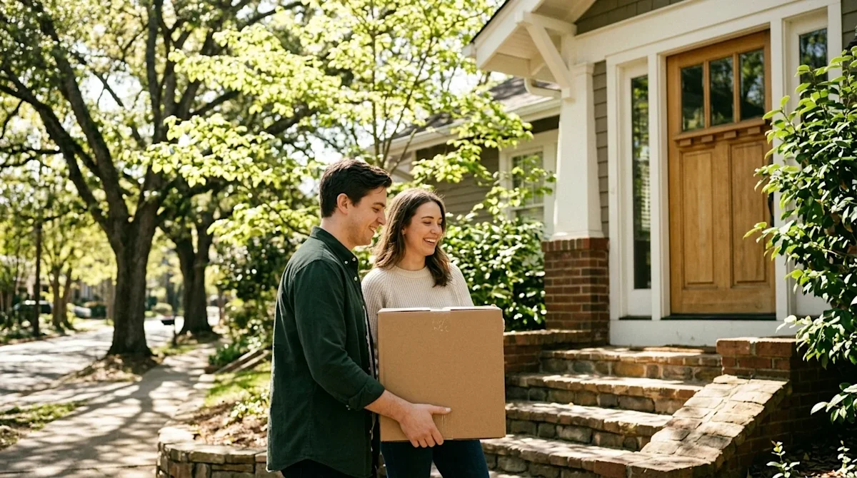 Documentary-style lifestyle photography of a happy couple carrying a pristine cardboard moving box up the front steps of a cl