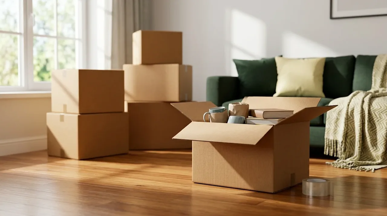 Clear, professional commercial marketing photography of high-quality corrugated cardboard moving boxes in a bright, sunlit mo