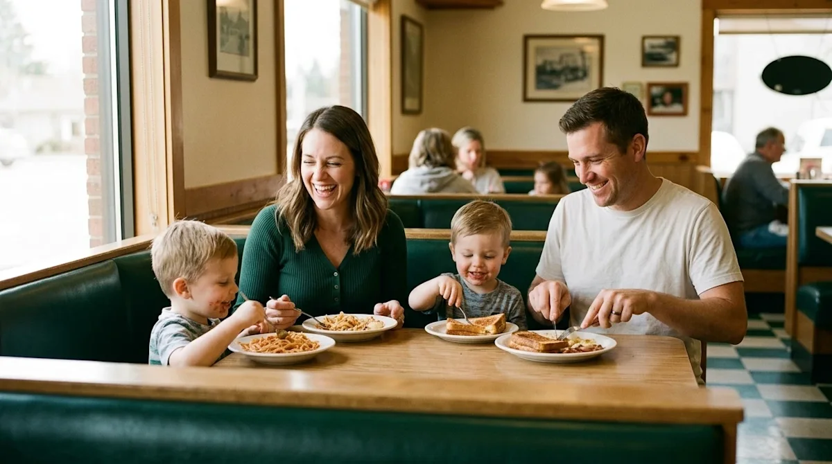 Authentic, candid lifestyle photography capturing a warm family memory. A happy family with two young kids is sitting in a co