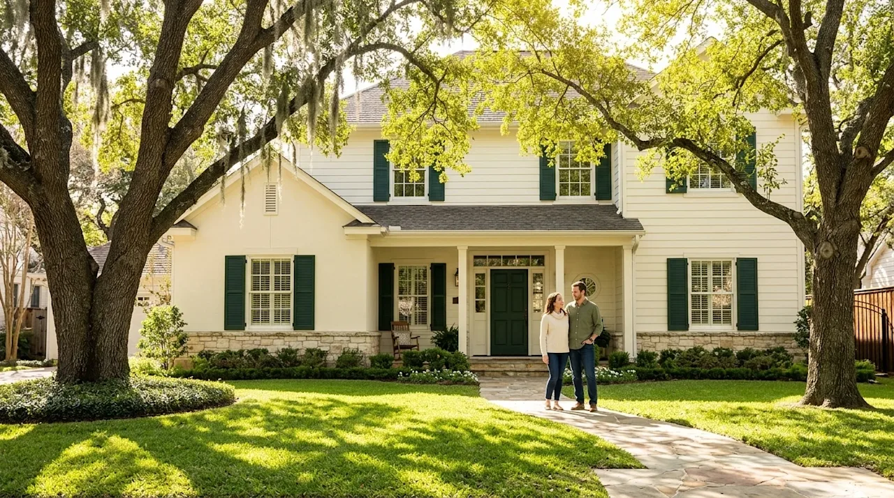 Professional marketing photography, clear and borderless. An establishing shot of a beautiful, upscale home in the affluent n