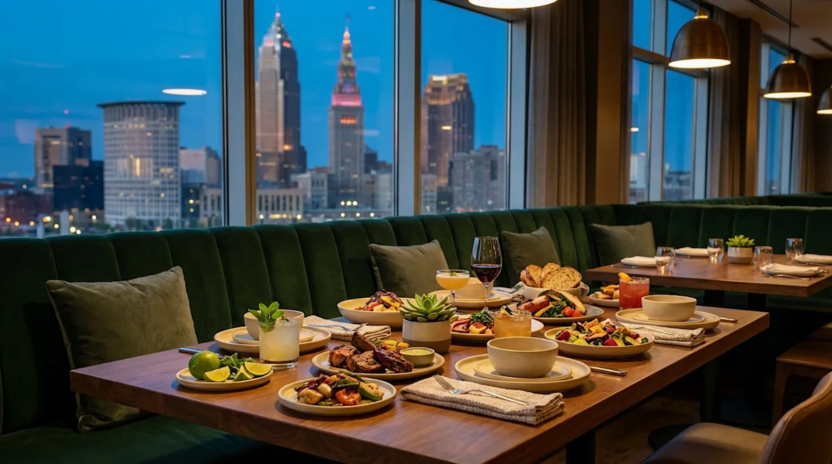 Upscale dining table with food and drinks overlooking the Cleveland skyline and Terminal Tower at twilight.