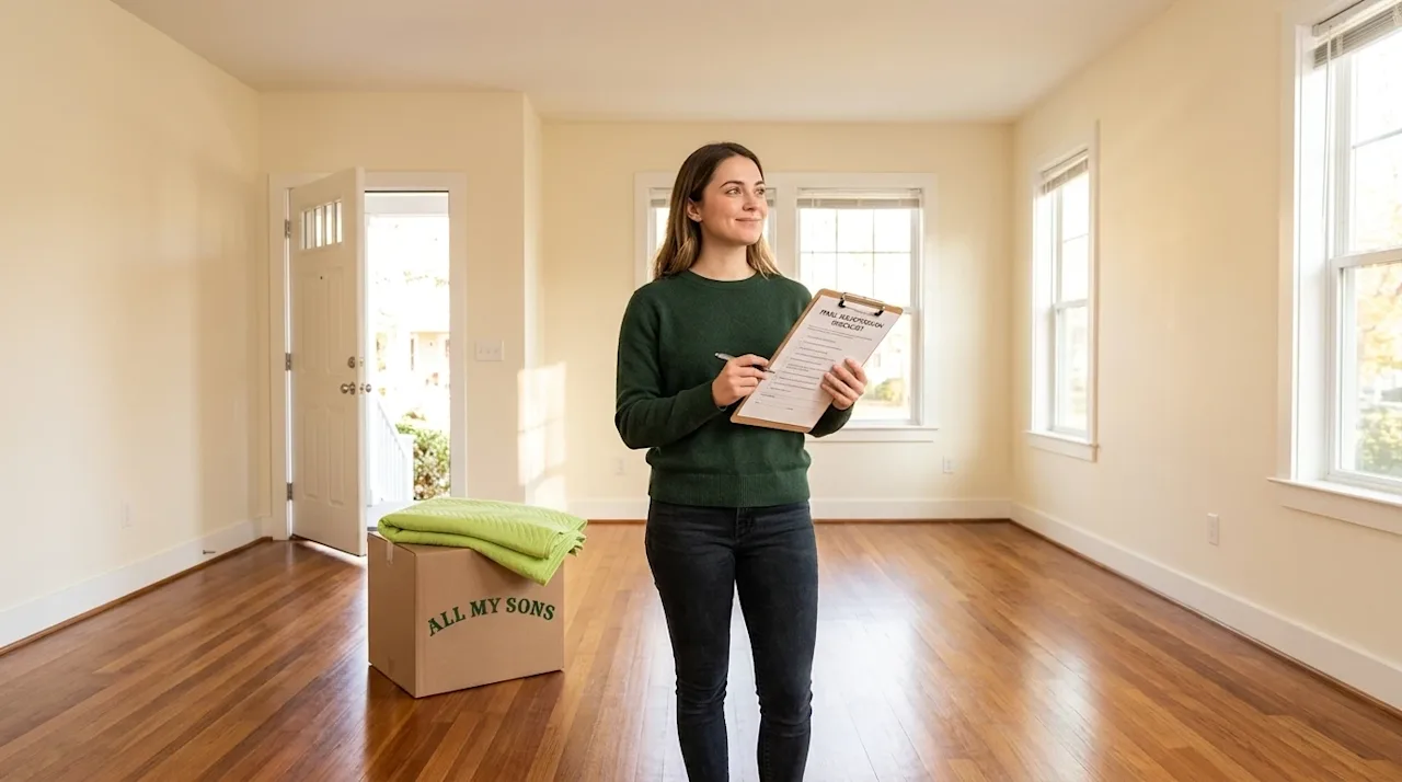 Professional marketing photography of a happy, relieved young woman standing in a spotlessly clean, completely empty apartmen