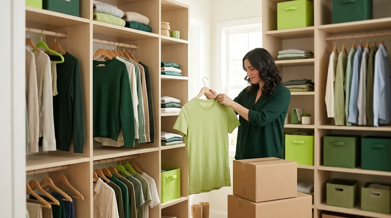 Professional marketing lifestyle photography of a bright, neatly organized walk-in closet. A casually dressed individual wear