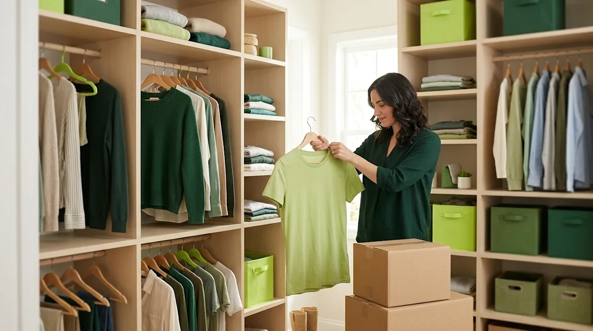 Professional marketing lifestyle photography of a bright, neatly organized walk-in closet. A casually dressed individual wear