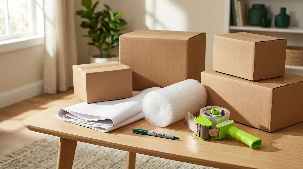 Professional lifestyle marketing photography of essential moving and packing supplies neatly arranged on a clean, modern hard