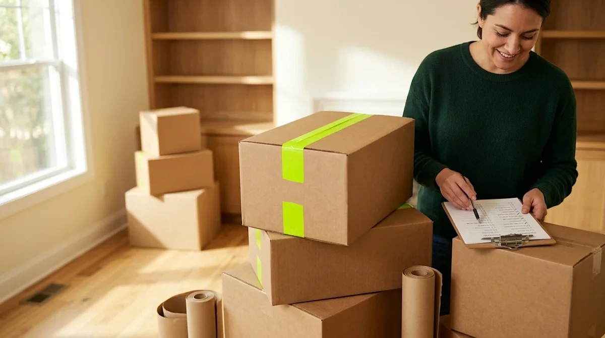 Authentic lifestyle photography of a successful and organized packing day in a brightly lit, welcoming home interior. In the