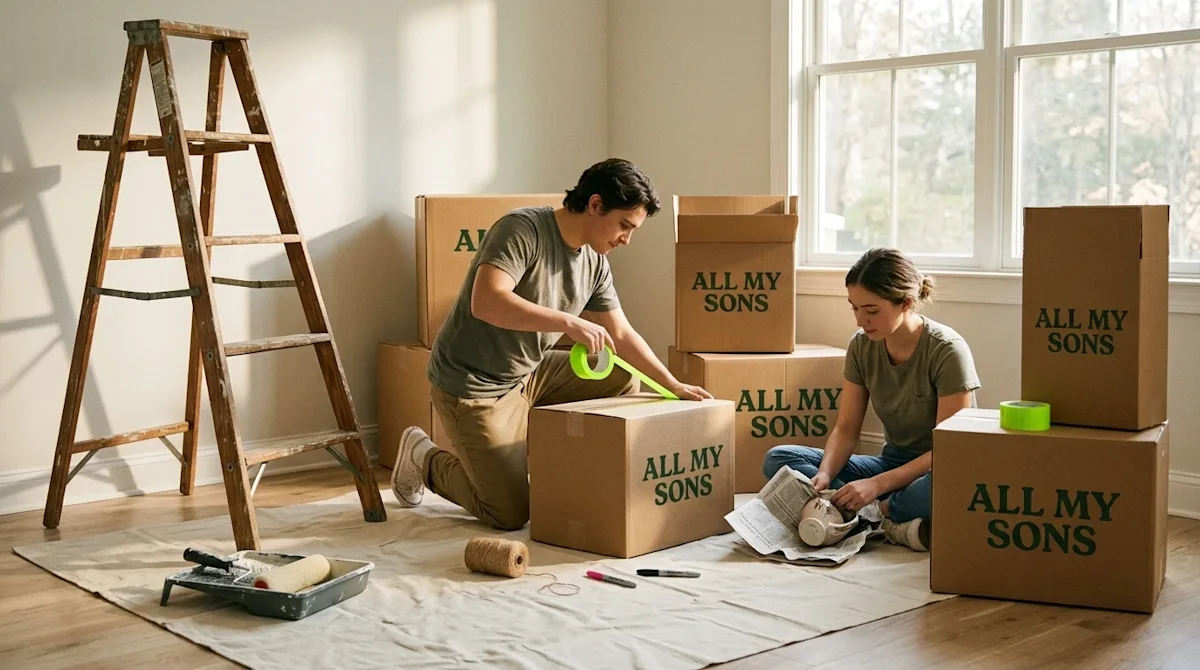 A candid, warm lifestyle photograph of a couple preparing their living room for a major home renovation. The room is in a sta